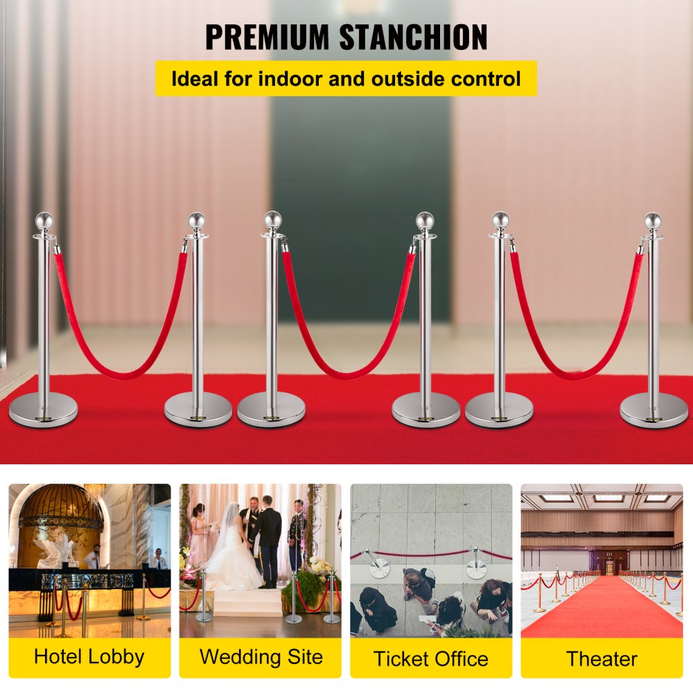 VEVOR 6PCS Red Rope Stanchion Silver Post Crowd Control Queue Line Barrier 