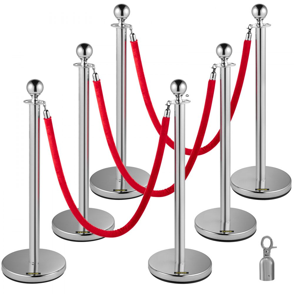 VEVOR 6PCS Red Rope Stanchion Silver Post Crowd Control Queue Line Barrier 