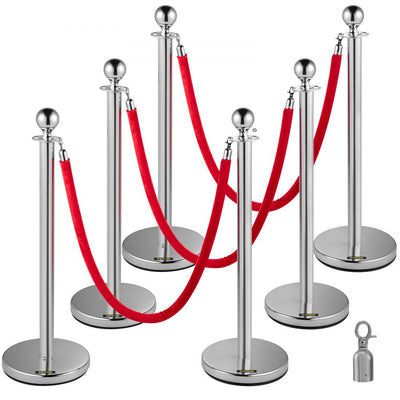 VEVOR 6PCS Red Rope Stanchion Silver Post Crowd Control Queue Line Barrier 