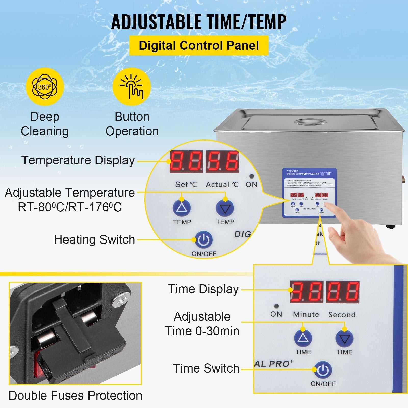 VEVOR Digital Ultrasonic Cleaner 30L Ultrasonic Cleaning Machine 40kHz Sonic Cleaner Machine 316 & 304 Stainless Steel Ultrasonic Cleaner Machine with Heater & Timer for Cleaning Jewelry Glasses Watch 
