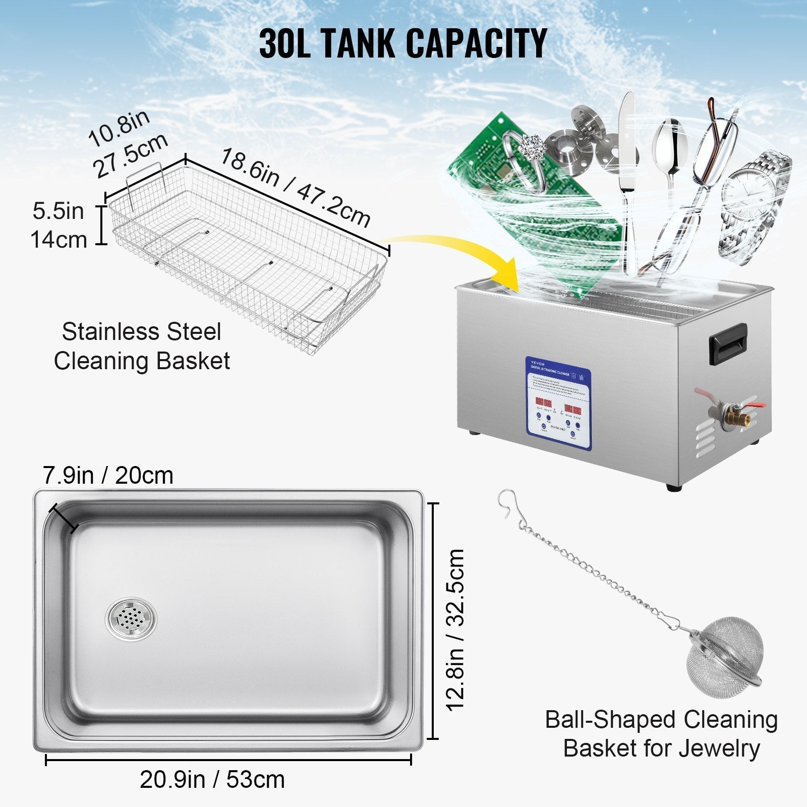 VEVOR Digital Ultrasonic Cleaner 30L Ultrasonic Cleaning Machine 40kHz Sonic Cleaner Machine 316 & 304 Stainless Steel Ultrasonic Cleaner Machine with Heater & Timer for Cleaning Jewelry Glasses Watch 