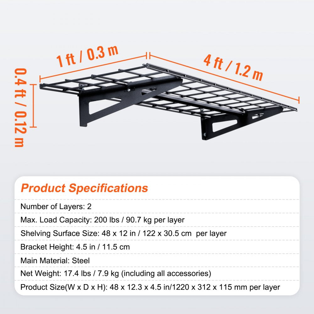 VEVOR Garage Storage Shelving, 2 Pack, 4 x 1 ft Heavy Duty Garage Shelves Wall Mounted, 400 lbs Load Capacity(Total) Garage Storage Rack Floating Shelves, Suitable for Shop, Shed, Garage Storage 