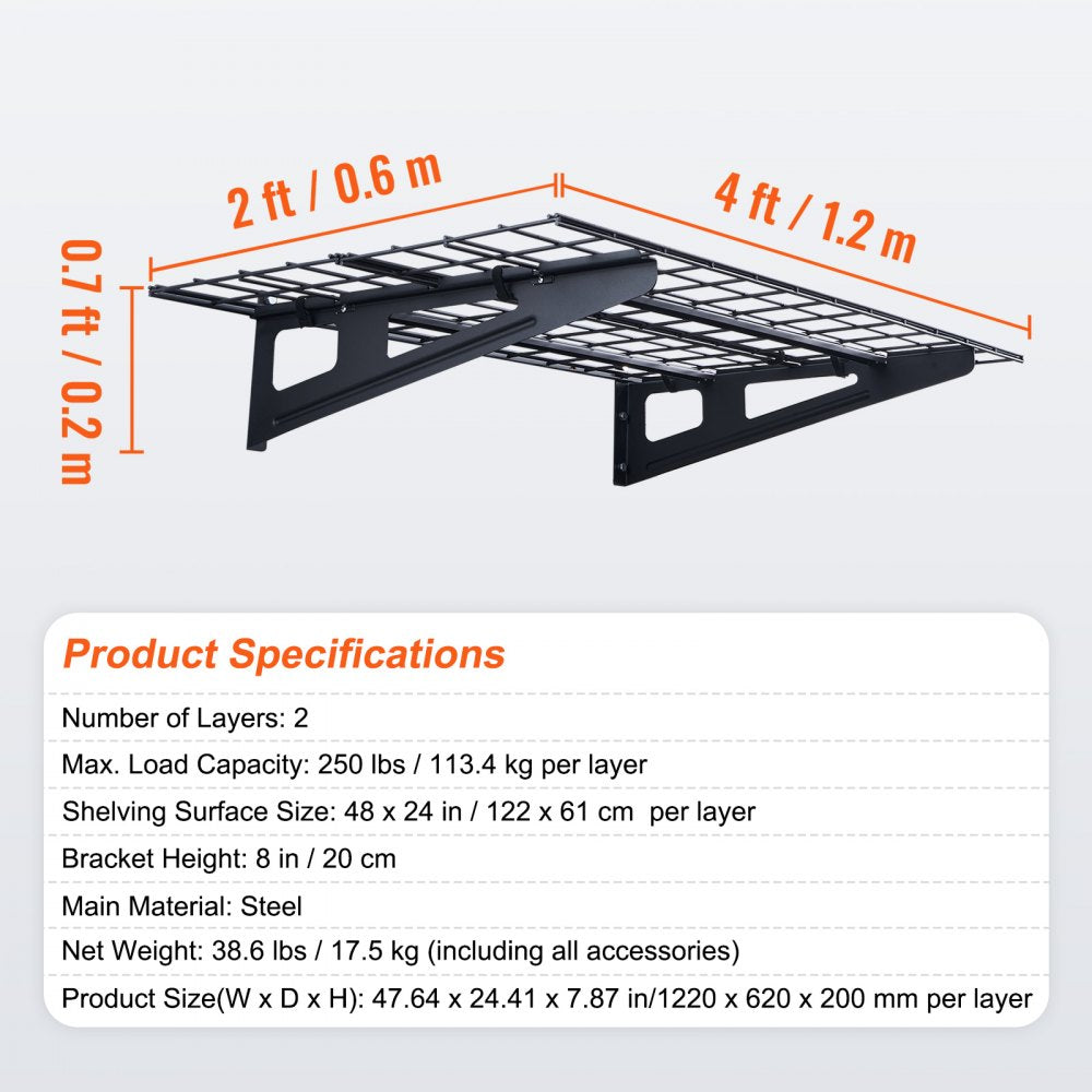 VEVOR Garage Storage Shelving, 2 Pack, 4 x 2 ft Heavy Duty Garage Shelves Wall Mounted, 500 lbs Load Capacity(Total) Garage Storage Rack Floating Shelves, Suitable for Shop, Shed, Garage Storage 