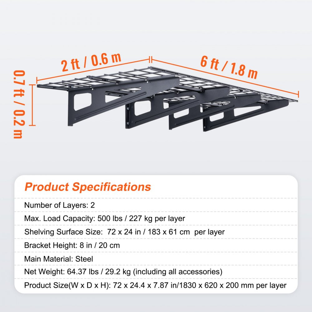 VEVOR Garage Storage Shelving, 2 Pack, 6 x 2 ft Heavy Duty Garage Shelves Wall Mounted, 1000 lbs Load Capacity(Total) Garage Storage Rack Floating Shelves, Suitable for Shop, Shed, Garage Storage 