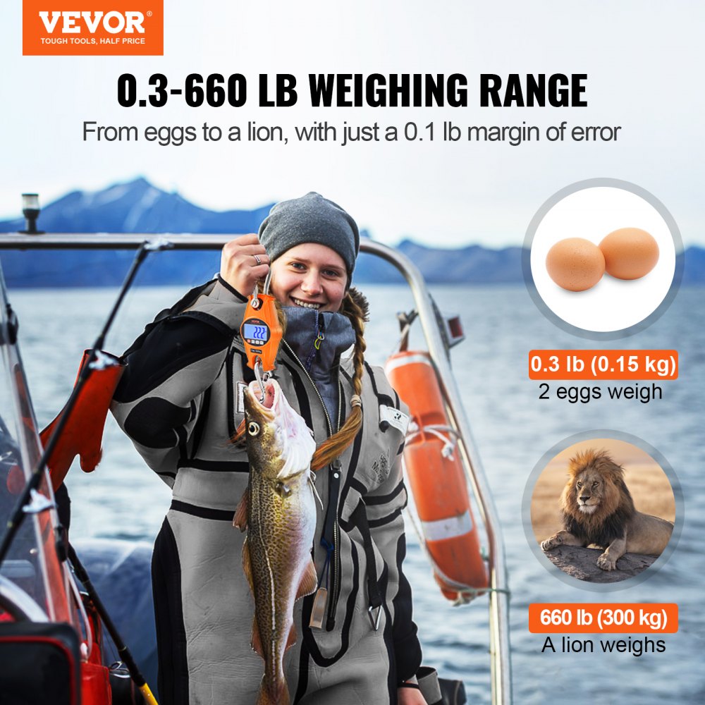 VEVOR Digital Crane Scale, 660 lbs/300 kg, Industrial Heavy Duty Hanging Scale with Cast Aluminum Case & LCD Screen, Handheld Mini Crane with Hooks for Farm, Hunting, Fishing, Outdoor, Garage (Orange) 
