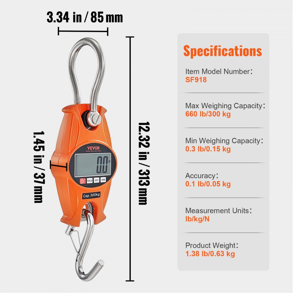 VEVOR Digital Crane Scale, 660 lbs/300 kg, Industrial Heavy Duty Hanging Scale with Cast Aluminum Case & LCD Screen, Handheld Mini Crane with Hooks for Farm, Hunting, Fishing, Outdoor, Garage (Orange) 