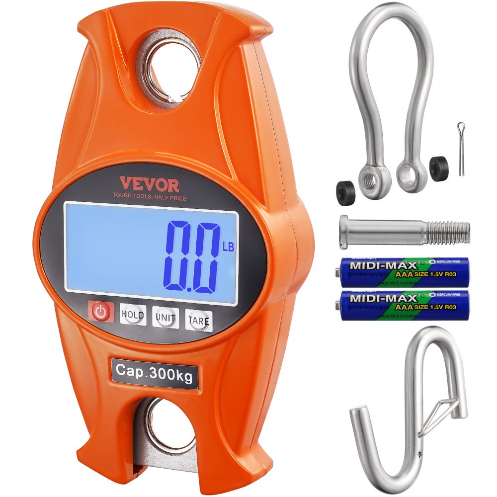 VEVOR Digital Crane Scale, 660 lbs/300 kg, Industrial Heavy Duty Hanging Scale with Cast Aluminum Case & LCD Screen, Handheld Mini Crane with Hooks for Farm, Hunting, Fishing, Outdoor, Garage (Orange) 