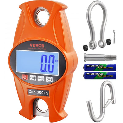 VEVOR Digital Crane Scale, 660 lbs/300 kg, Industrial Heavy Duty Hanging Scale with Cast Aluminum Case & LCD Screen, Handheld Mini Crane with Hooks for Farm, Hunting, Fishing, Outdoor, Garage (Orange) 