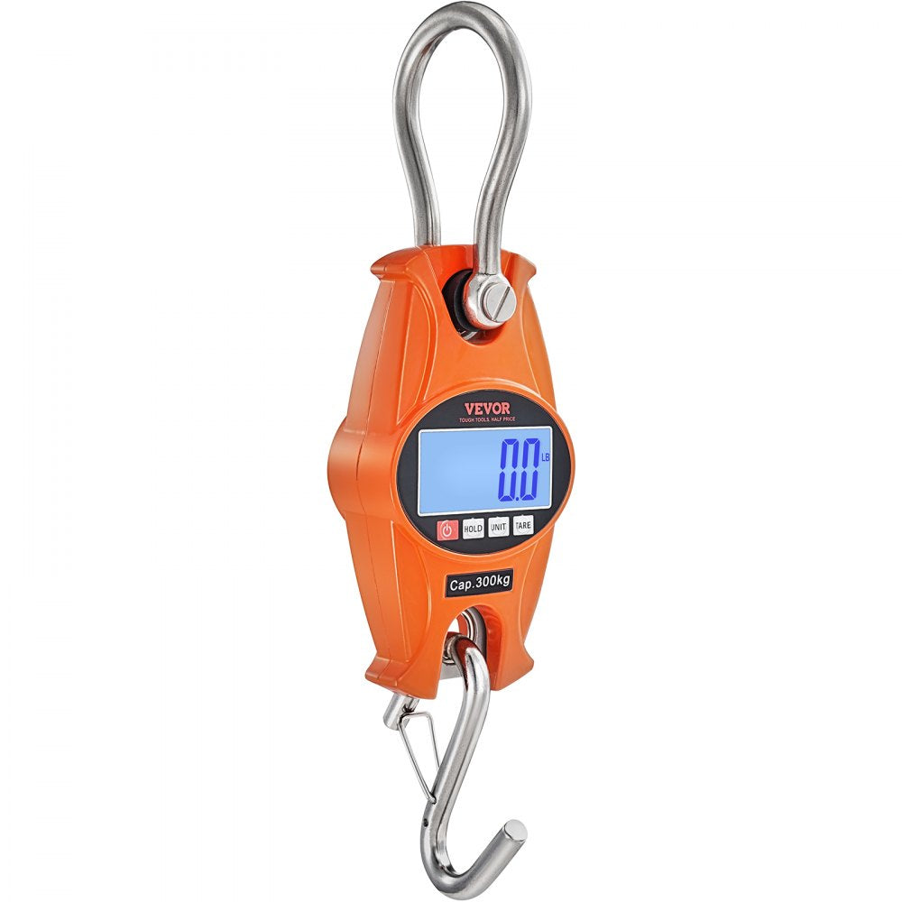 VEVOR Digital Crane Scale, 660 lbs/300 kg, Industrial Heavy Duty Hanging Scale with Cast Aluminum Case & LCD Screen, Handheld Mini Crane with Hooks for Farm, Hunting, Fishing, Outdoor, Garage (Orange) 