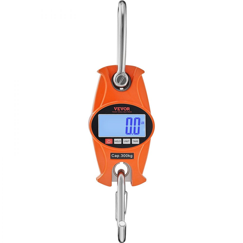 VEVOR Digital Crane Scale, 660 lbs/300 kg, Industrial Heavy Duty Hanging Scale with Cast Aluminum Case & LCD Screen, Handheld Mini Crane with Hooks for Farm, Hunting, Fishing, Outdoor, Garage (Orange) 