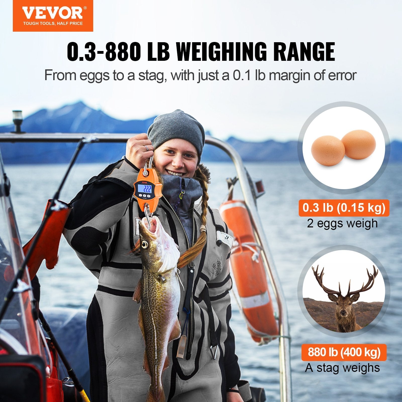 VEVOR Digital Crane Scale, 880 lbs/400 kg, Industrial Heavy Duty Hanging Scale with Cast Aluminum Case & LCD Screen, Handheld Mini Crane with Hooks for Farm, Hunting, Fishing, Outdoor, Garage (Orange) 