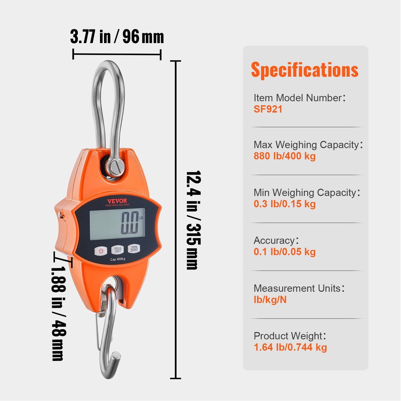 VEVOR Digital Crane Scale, 880 lbs/400 kg, Industrial Heavy Duty Hanging Scale with Cast Aluminum Case & LCD Screen, Handheld Mini Crane with Hooks for Farm, Hunting, Fishing, Outdoor, Garage (Orange) 