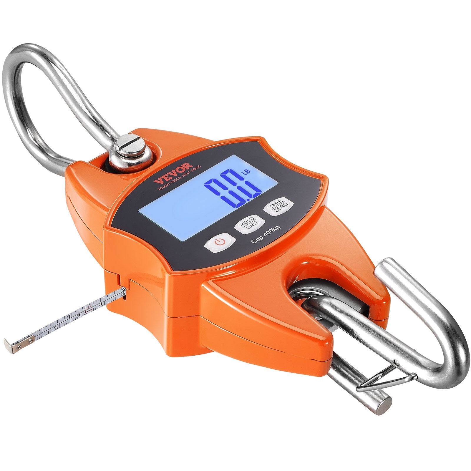 VEVOR Digital Crane Scale, 880 lbs/400 kg, Industrial Heavy Duty Hanging Scale with Cast Aluminum Case & LCD Screen, Handheld Mini Crane with Hooks for Farm, Hunting, Fishing, Outdoor, Garage (Orange) 