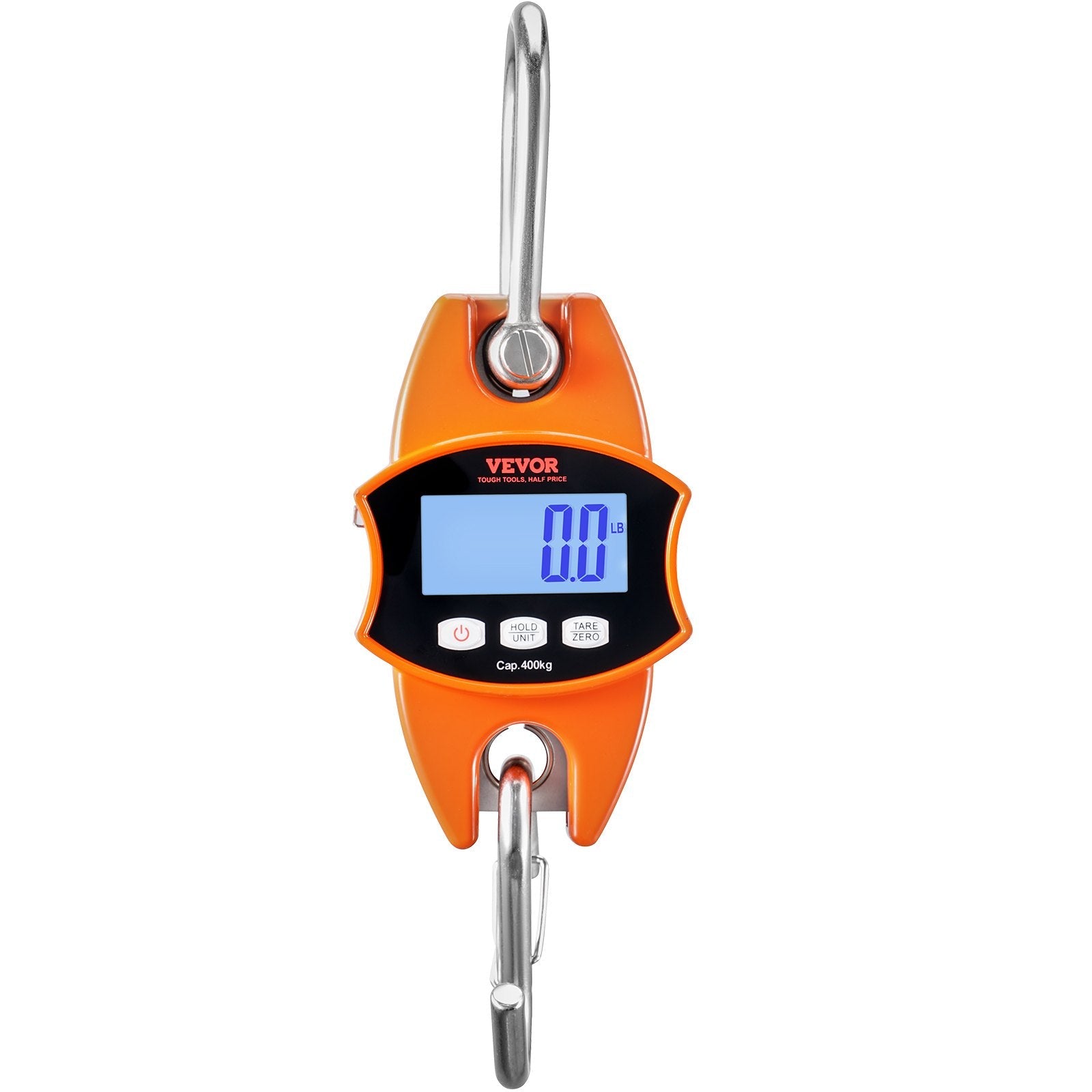 VEVOR Digital Crane Scale, 880 lbs/400 kg, Industrial Heavy Duty Hanging Scale with Cast Aluminum Case & LCD Screen, Handheld Mini Crane with Hooks for Farm, Hunting, Fishing, Outdoor, Garage (Orange) 