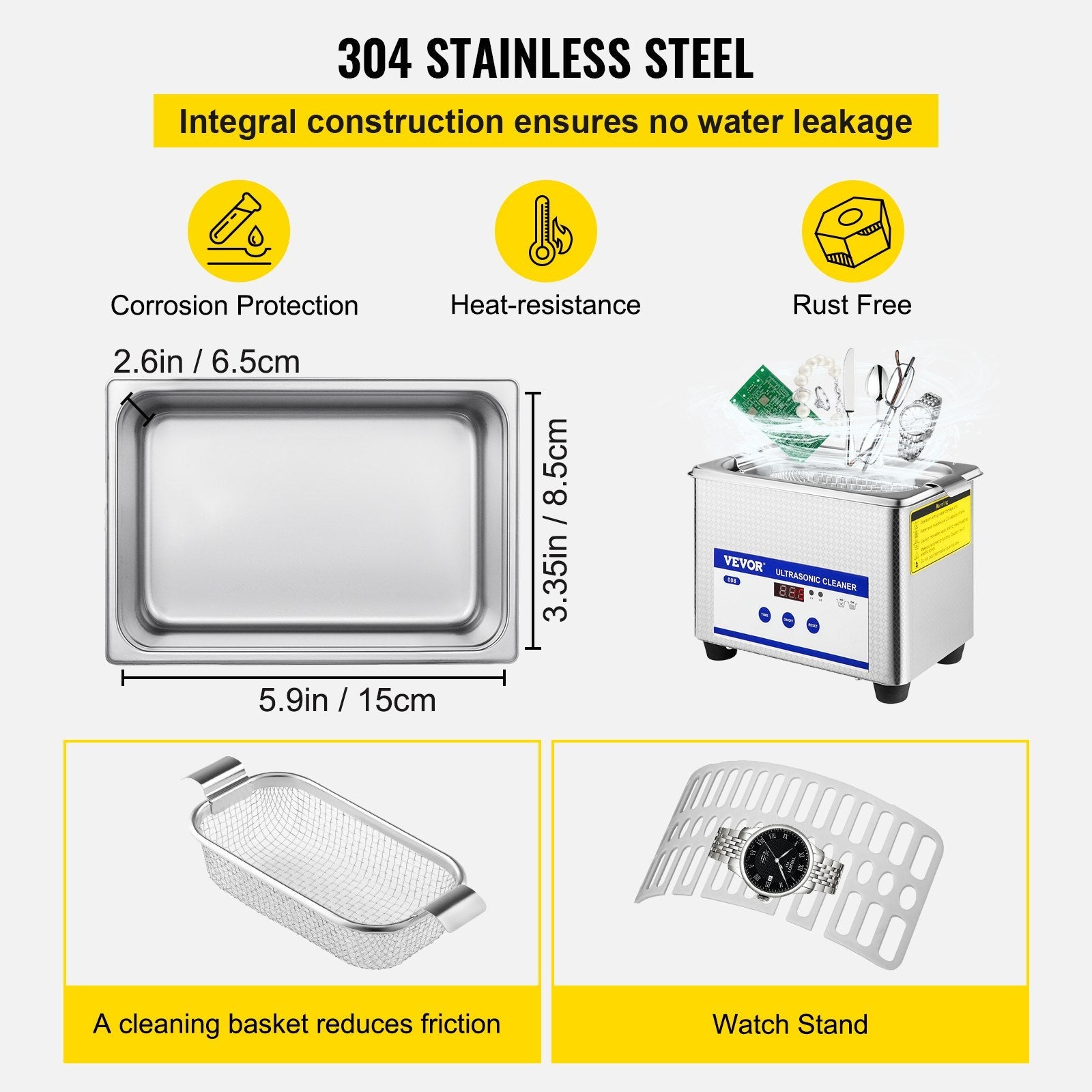 VEVOR 0.8L Professional Ultrasonic Cleaner 304 Stainless Steel Digital Lab Ultrasonic Cleaner with Timer for Jewelry Watch Glasses Circuit Board Dentures Small Parts Dental Instrument (0.8L) 