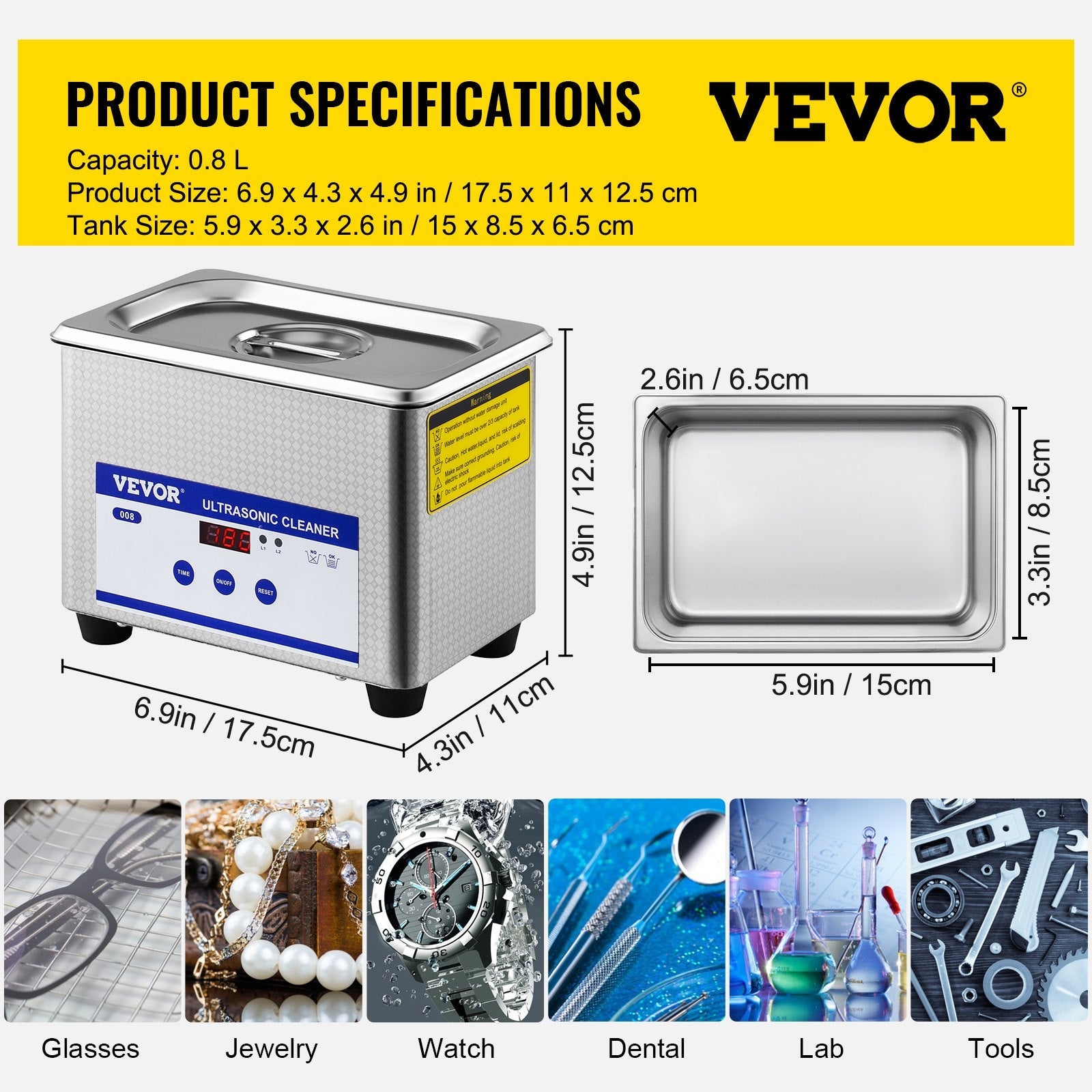 VEVOR 0.8L Professional Ultrasonic Cleaner 304 Stainless Steel Digital Lab Ultrasonic Cleaner with Timer for Jewelry Watch Glasses Circuit Board Dentures Small Parts Dental Instrument (0.8L) 