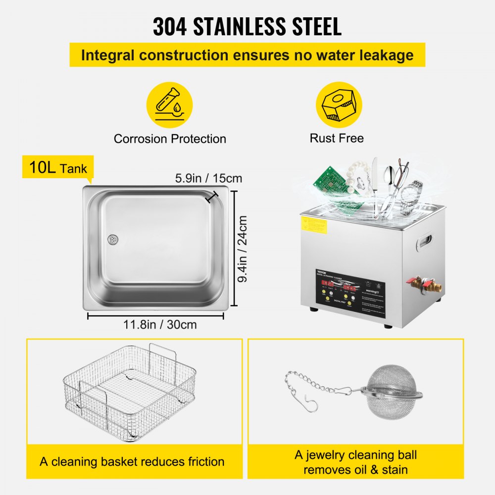 VEVOR 10L Upgraded Ultrasonic Cleaner (200W Heater,400W Ultrasonic) Professional Digital Lab Ultrasonic Cleaner with Heater Timer for Parts Instruments Cleaning 
