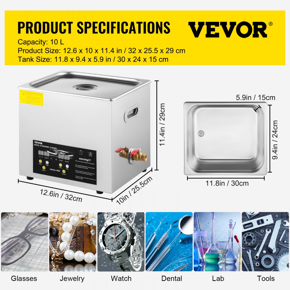 VEVOR 10L Upgraded Ultrasonic Cleaner (200W Heater,400W Ultrasonic) Professional Digital Lab Ultrasonic Cleaner with Heater Timer for Parts Instruments Cleaning 