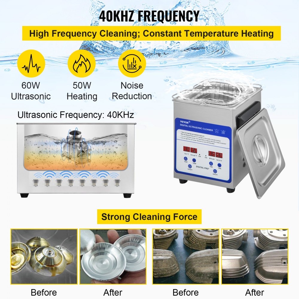 VEVOR Digital Ultrasonic Cleaner 2L Ultrasonic Cleaning Machine 40kHz Sonic Cleaner Machine 316 & 304 Stainless Steel Ultrasonic Cleaner Machine with Heater & Timer for Cleaning Jewelry Glasses Watch 