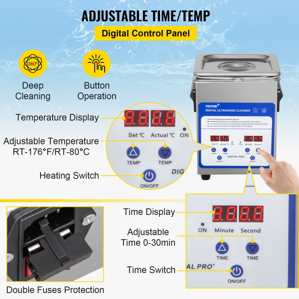 VEVOR Digital Ultrasonic Cleaner 2L Ultrasonic Cleaning Machine 40kHz Sonic Cleaner Machine 316 & 304 Stainless Steel Ultrasonic Cleaner Machine with Heater & Timer for Cleaning Jewelry Glasses Watch 