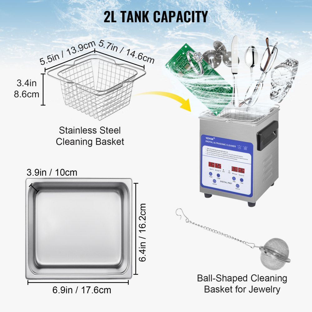 VEVOR Digital Ultrasonic Cleaner 2L Ultrasonic Cleaning Machine 40kHz Sonic Cleaner Machine 316 & 304 Stainless Steel Ultrasonic Cleaner Machine with Heater & Timer for Cleaning Jewelry Glasses Watch 