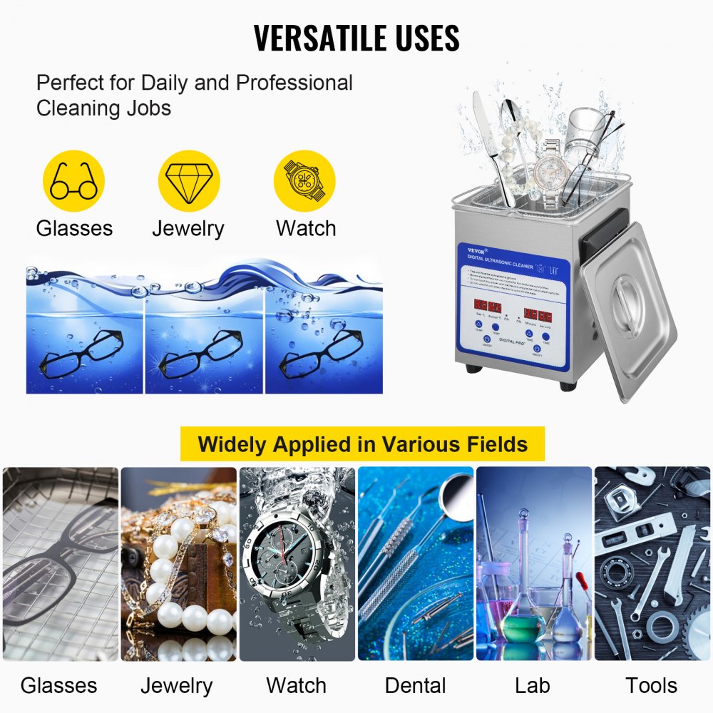 VEVOR Digital Ultrasonic Cleaner 2L Ultrasonic Cleaning Machine 40kHz Sonic Cleaner Machine 316 & 304 Stainless Steel Ultrasonic Cleaner Machine with Heater & Timer for Cleaning Jewelry Glasses Watch 