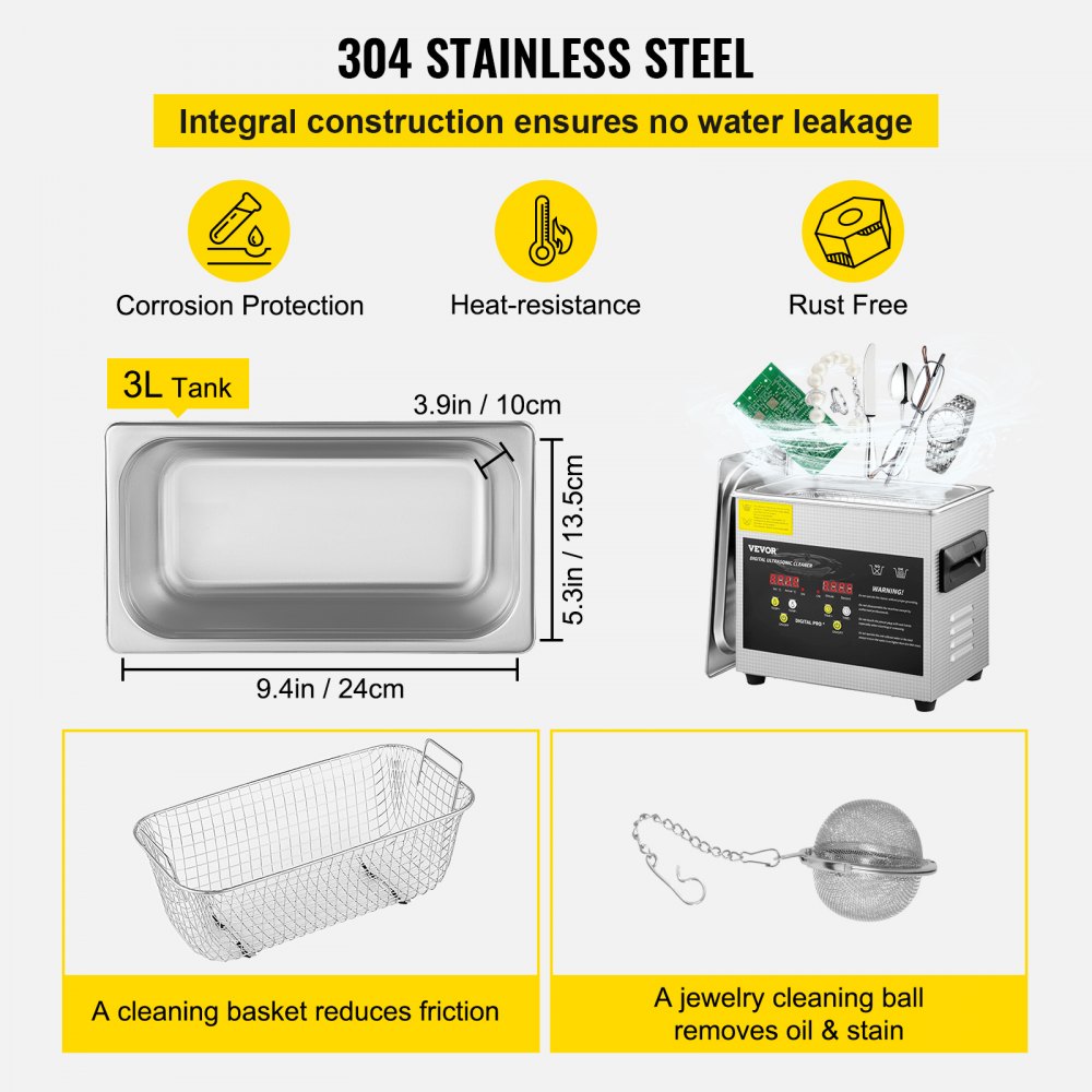 VEVOR Ultrasonic Cleaner 3L Ultrasonic Parts Cleaner 200W 40KHz Stainless Steel Ultrasonic Jewelry Cleaner with Digital Timer Heater for Jewelry Glasses Cleaning 