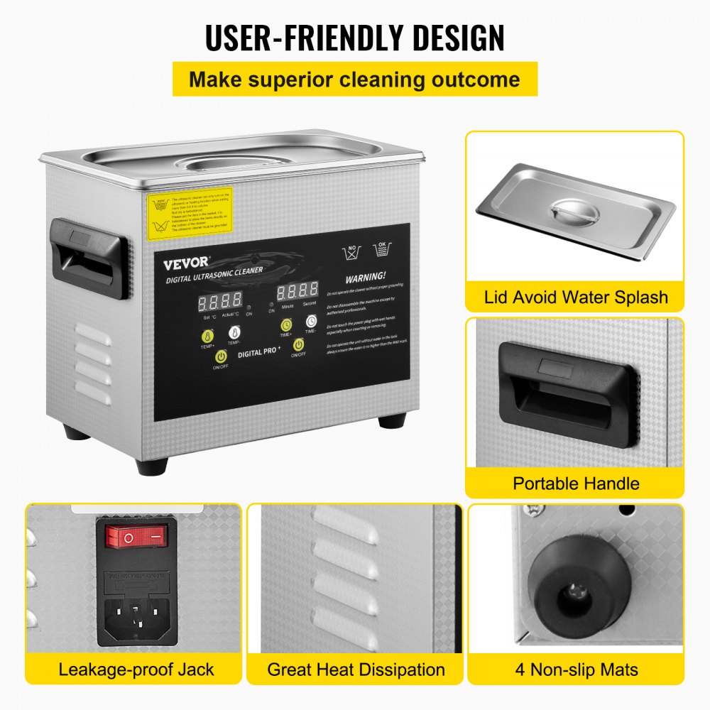 VEVOR Ultrasonic Cleaner 3L Ultrasonic Parts Cleaner 200W 40KHz Stainless Steel Ultrasonic Jewelry Cleaner with Digital Timer Heater for Jewelry Glasses Cleaning 