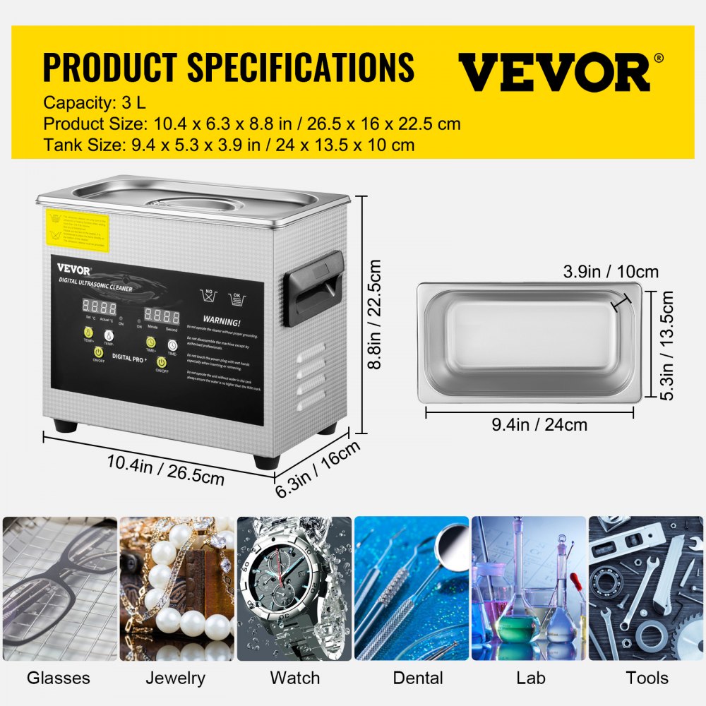 VEVOR Ultrasonic Cleaner 3L Ultrasonic Parts Cleaner 200W 40KHz Stainless Steel Ultrasonic Jewelry Cleaner with Digital Timer Heater for Jewelry Glasses Cleaning 