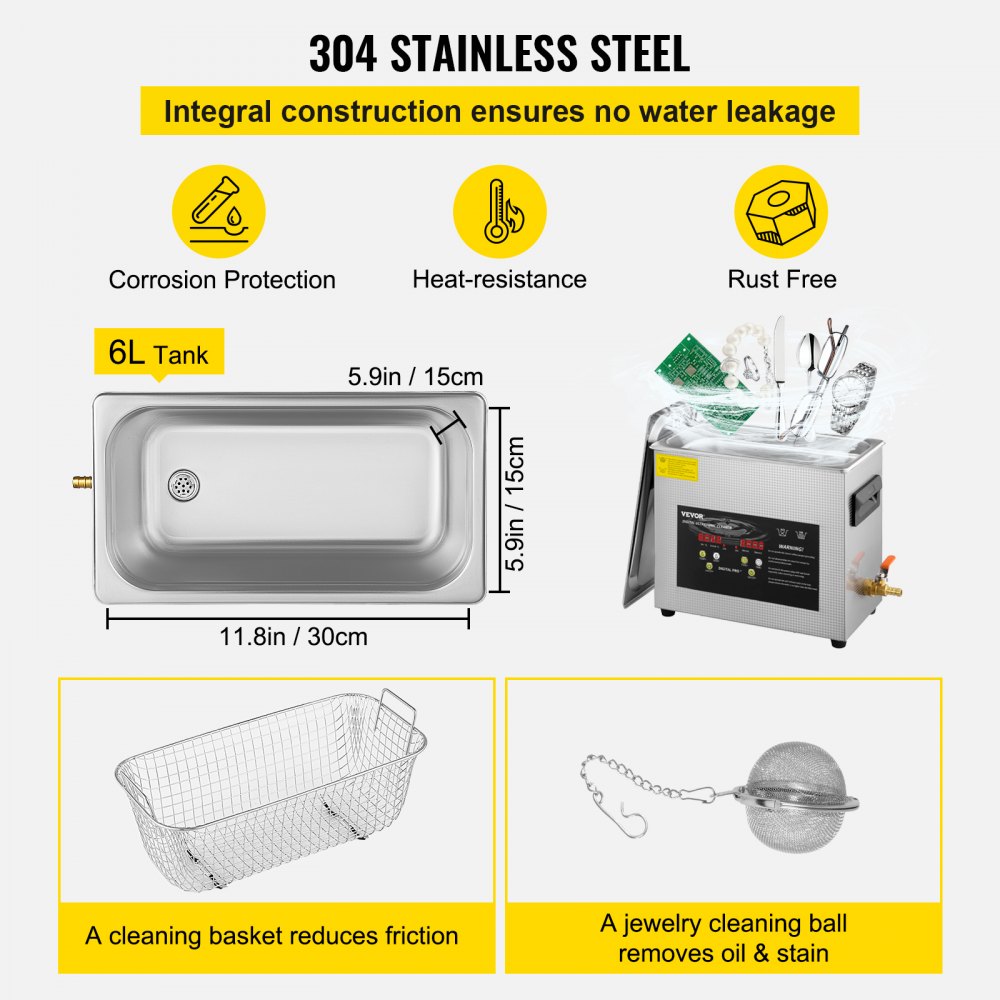 VEVOR 6L Upgraded Ultrasonic Cleaner Professional Digital Lab Ultrasonic Parts Cleaner with Heater Timer for Jewelry Glasses Cleaning (400W Heater,180W Ultrasonic) 