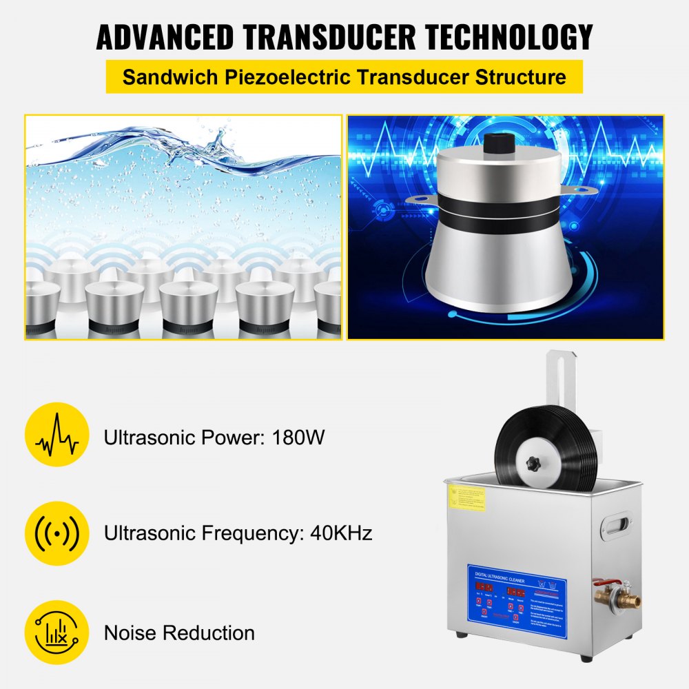 VEVOR Ultrasonic Vinyl Record Cleaner 6L 40kHz Vinyl Ultrasonic Cleaning Machine 304 Stainless Steel Record Ultrasonic Cleaner 6 Records w/ Drying Rack Vinyl Sonic Cleaner w/ Adjustable Heater & Timer 