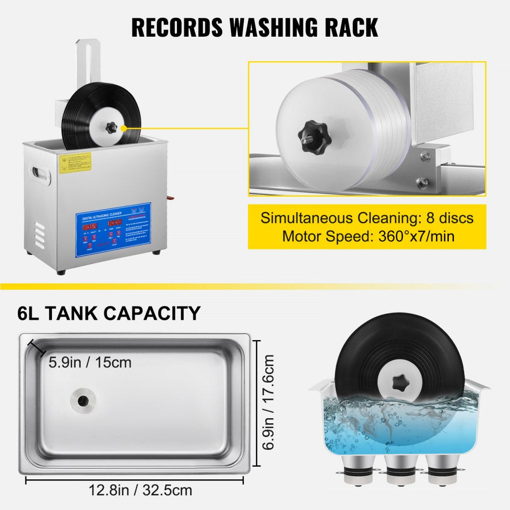 VEVOR Ultrasonic Vinyl Record Cleaner 6L 40kHz Vinyl Ultrasonic Cleaning Machine 304 Stainless Steel Record Ultrasonic Cleaner 6 Records w/ Drying Rack Vinyl Sonic Cleaner w/ Adjustable Heater & Timer 