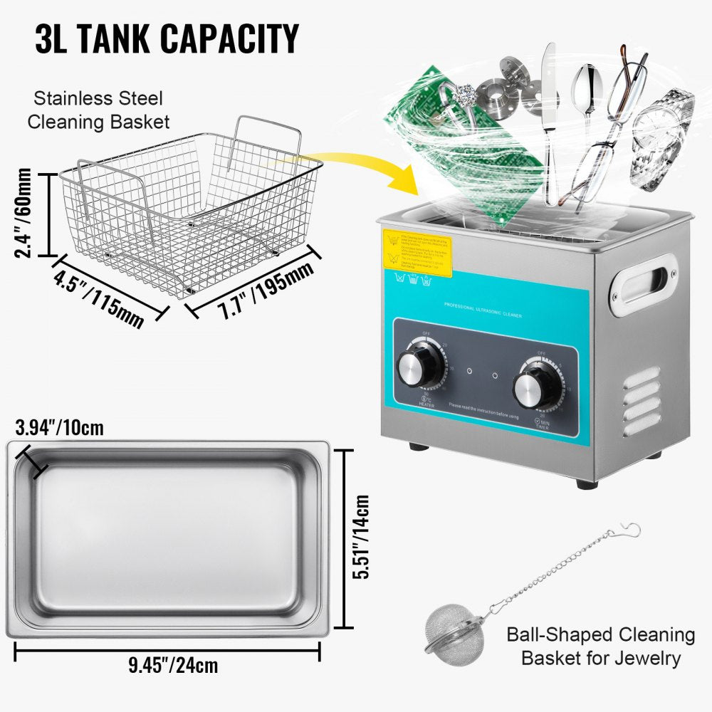 VEVOR Knob Ultrasonic Cleaner 3L 40kHz Ultrasonic Cleaning Machine Knob Control Sonic Cleaner 304 Stainless Steel Ultrasonic Cleaner Machine with Heater & Timer for Cleaning Jewelry Eyeglasses Watches 
