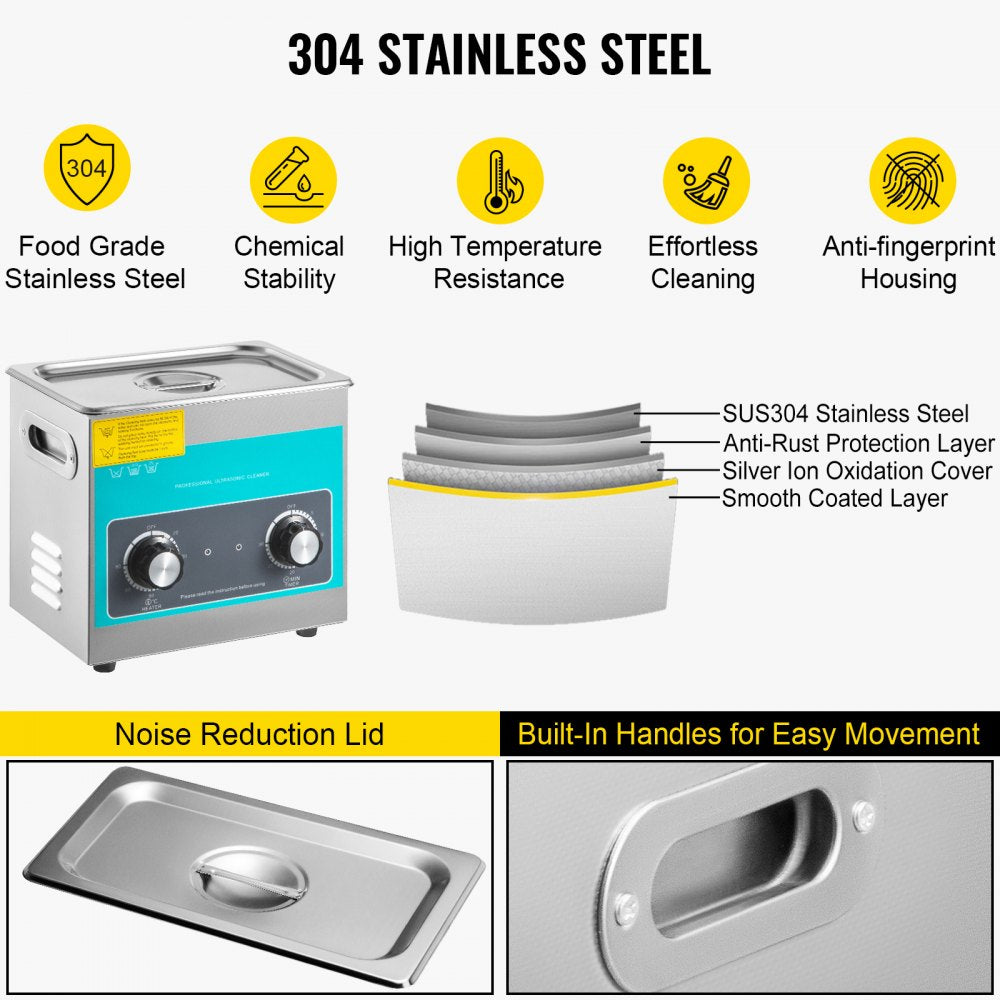 VEVOR Knob Ultrasonic Cleaner 3L 40kHz Ultrasonic Cleaning Machine Knob Control Sonic Cleaner 304 Stainless Steel Ultrasonic Cleaner Machine with Heater & Timer for Cleaning Jewelry Eyeglasses Watches 