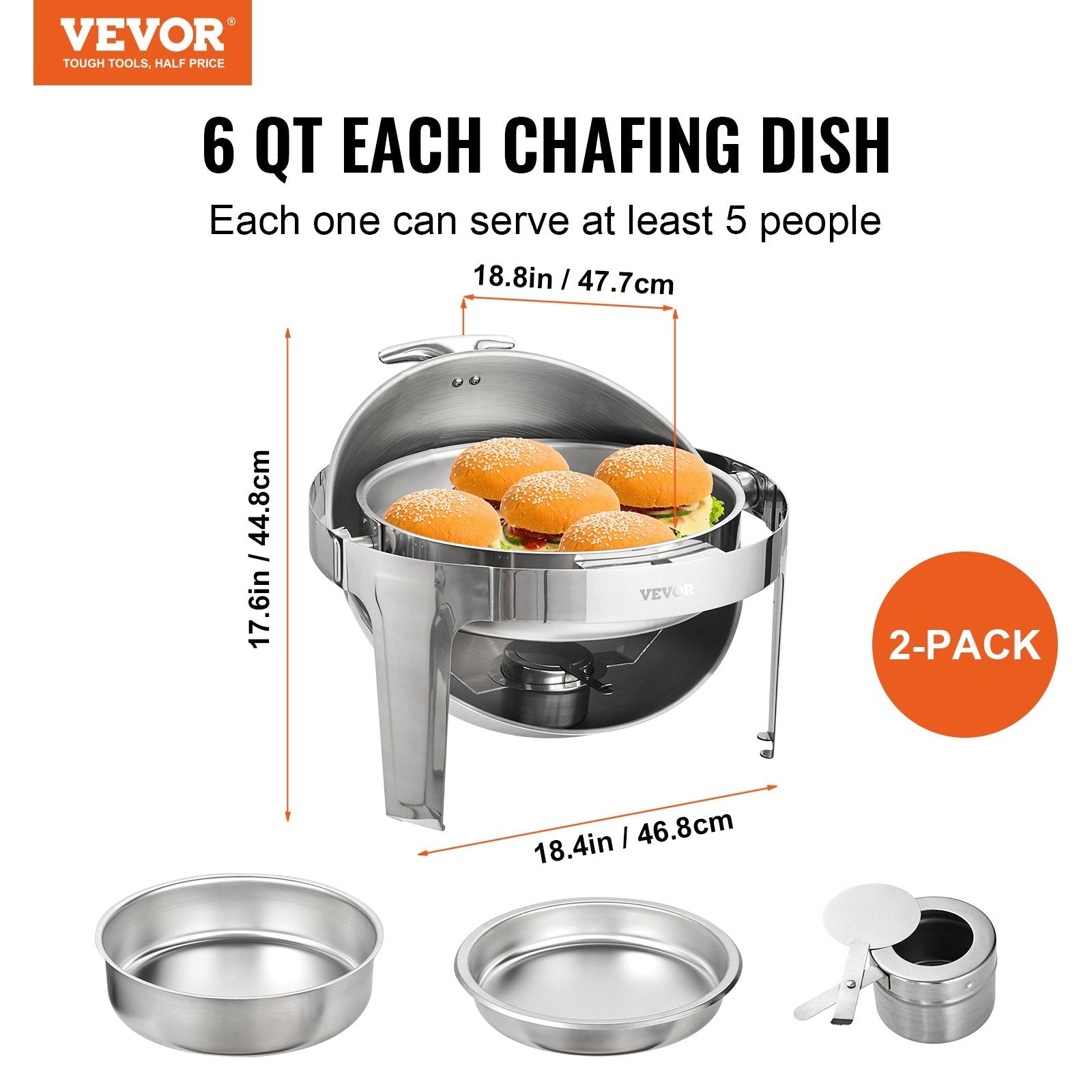 VEVOR Roll Top Chafing Dish Buffet Set, 6 Qt 2 Pack, Stainless Steel Chafer with 2 Full Size Pans, Round Catering Warmer Server with Lid Water Pan Stand Fuel Holder, for at Least 5 People Each 