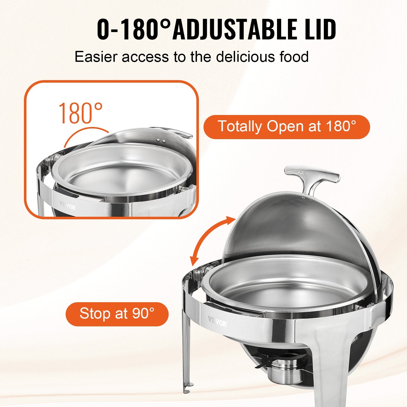 VEVOR Roll Top Chafing Dish Buffet Set, 6 Qt 2 Pack, Stainless Steel Chafer with 2 Full Size Pans, Round Catering Warmer Server with Lid Water Pan Stand Fuel Holder, for at Least 5 People Each 