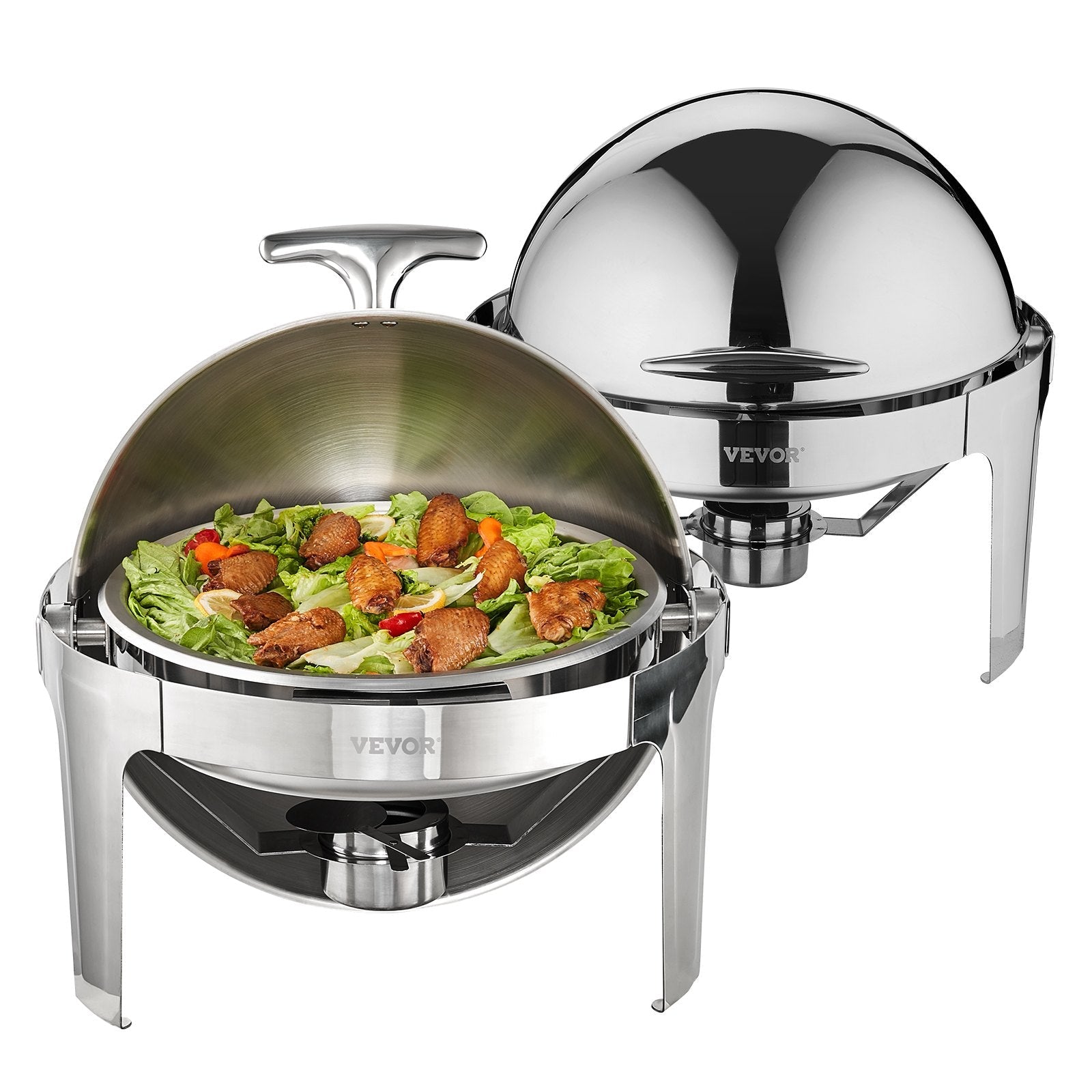 VEVOR Roll Top Chafing Dish Buffet Set, 6 Qt 2 Pack, Stainless Steel Chafer with 2 Full Size Pans, Round Catering Warmer Server with Lid Water Pan Stand Fuel Holder, for at Least 5 People Each 