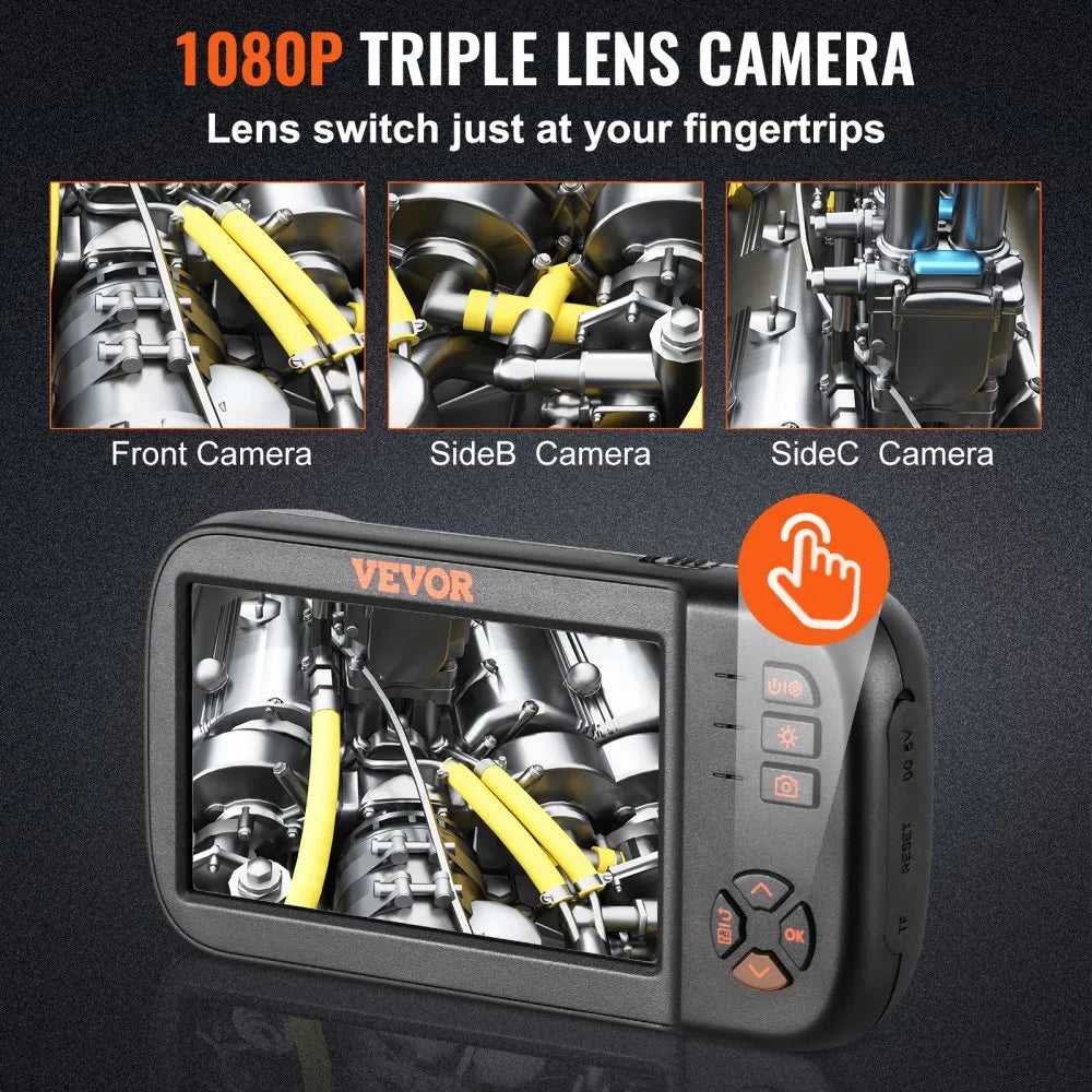 VEVOR Triple Lens Endoscope Camera, 4.5" IPS Screen Borescope Inspection Camera with 1080P Lens, Semi-rigid Snake Cable, 8 Lights, 2860 mAh Battery, Waterproof Endoscope for Auto, Wall, Drain