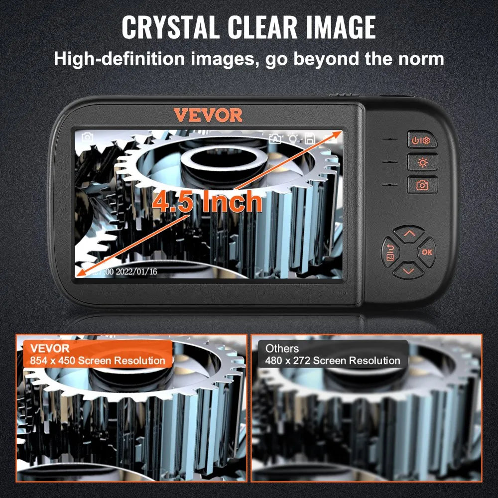 VEVOR Triple Lens Endoscope Camera, 4.5" IPS Screen Borescope Inspection Camera with 1080P Lens, Semi-rigid Snake Cable, 8 Lights, 2860 mAh Battery, Waterproof Endoscope for Auto, Wall, Drain