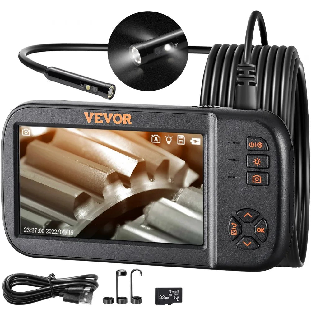 VEVOR Triple Lens Endoscope Camera, 4.5" IPS Screen Borescope Inspection Camera with 1080P Lens, Semi-rigid Snake Cable, 8 Lights, 2860 mAh Battery, Waterproof Endoscope for Auto, Wall, Drain