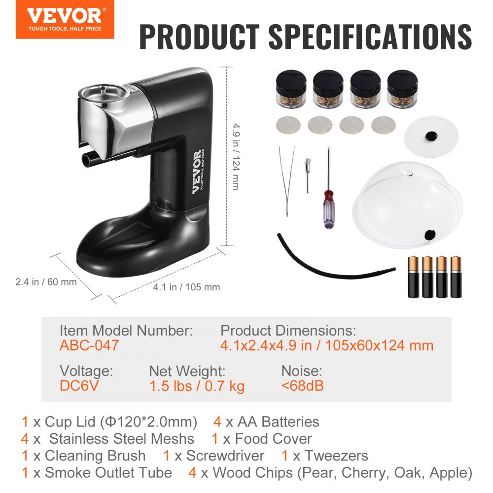 VEVOR Smoking Gun Kit, Old Fashioned Wood Smoke Infuser, Cocktail Smoker with Four Flavors of Wood Chips and Accessories, Cold Smoke for Foods and Drinks, Bourbon Whiskey Gifts for Father/Husband/Men 