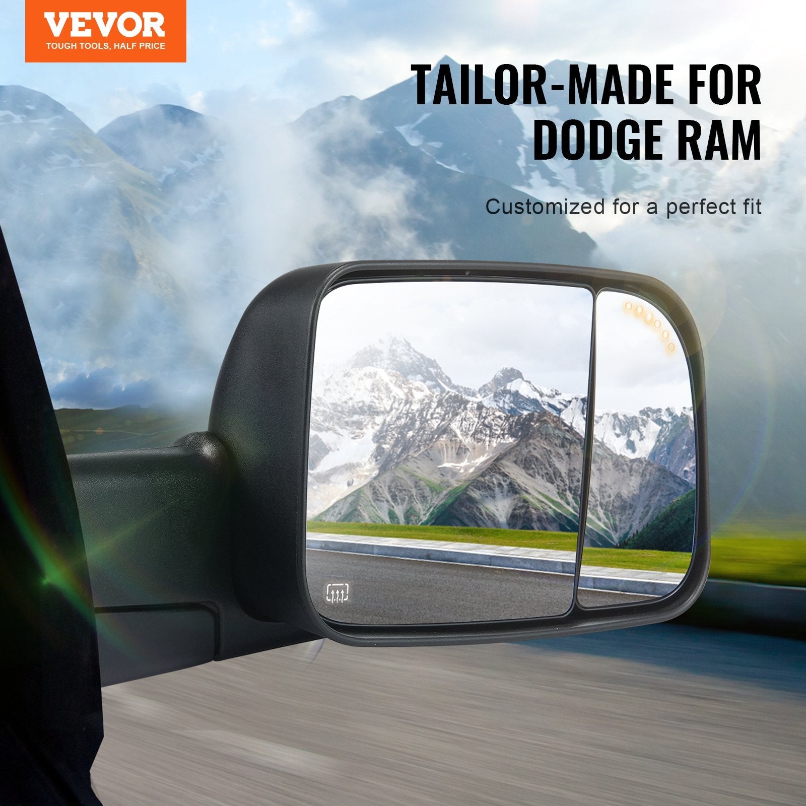 VEVOR Towing Mirrors, Left & Right Pair Set for 2002-2008 Dodge Ram 1500 2500 3500 (Partial 2009 Models), Power Heated with Signal Light & Puddle Light, Manual Controlling Flipping Folding, Black 
