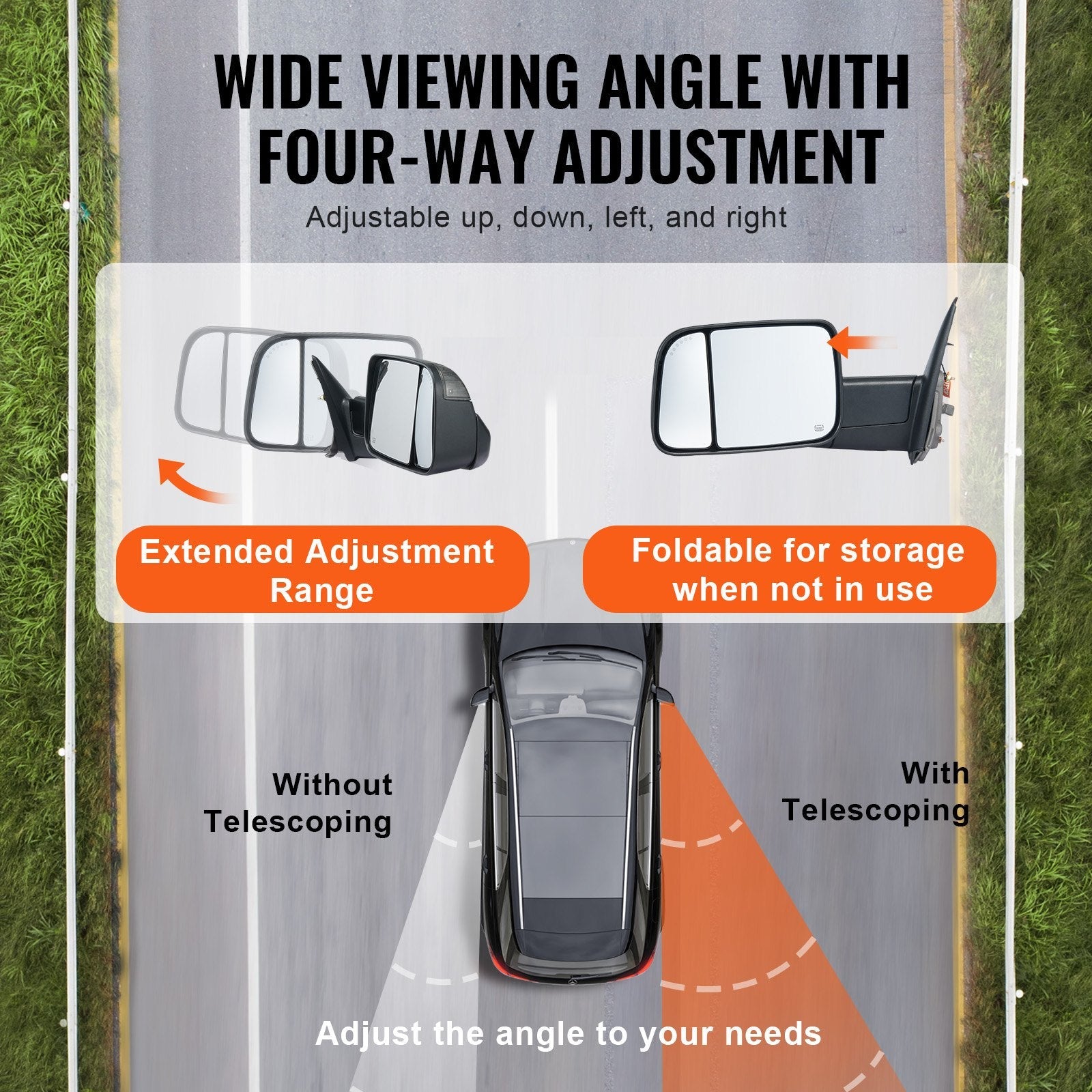 VEVOR Towing Mirrors, Left & Right Pair Set for 2002-2008 Dodge Ram 1500 2500 3500 (Partial 2009 Models), Power Heated with Signal Light & Puddle Light, Manual Controlling Flipping Folding, Black 