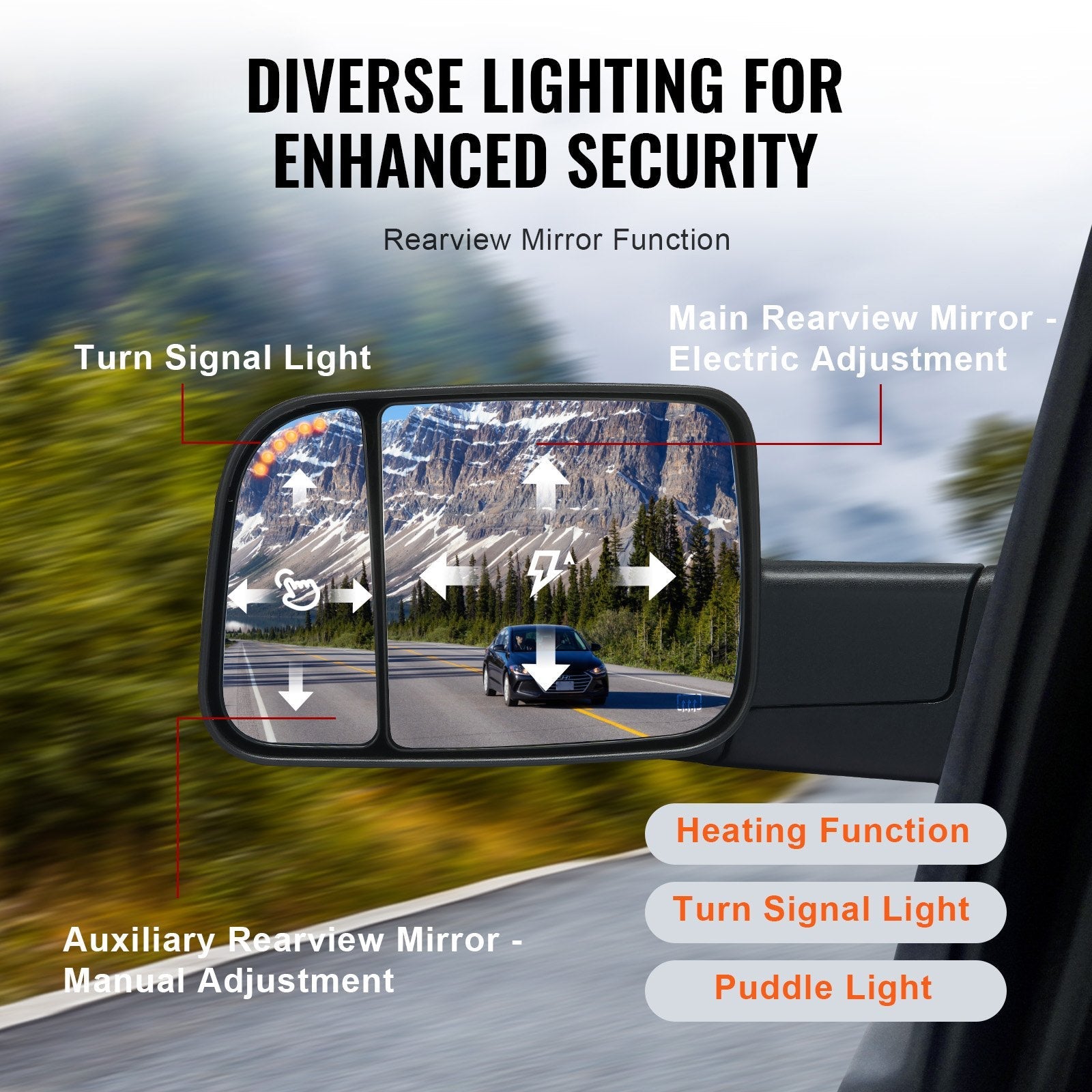 VEVOR Towing Mirrors, Left & Right Pair Set for 2002-2008 Dodge Ram 1500 2500 3500 (Partial 2009 Models), Power Heated with Signal Light & Puddle Light, Manual Controlling Flipping Folding, Black 