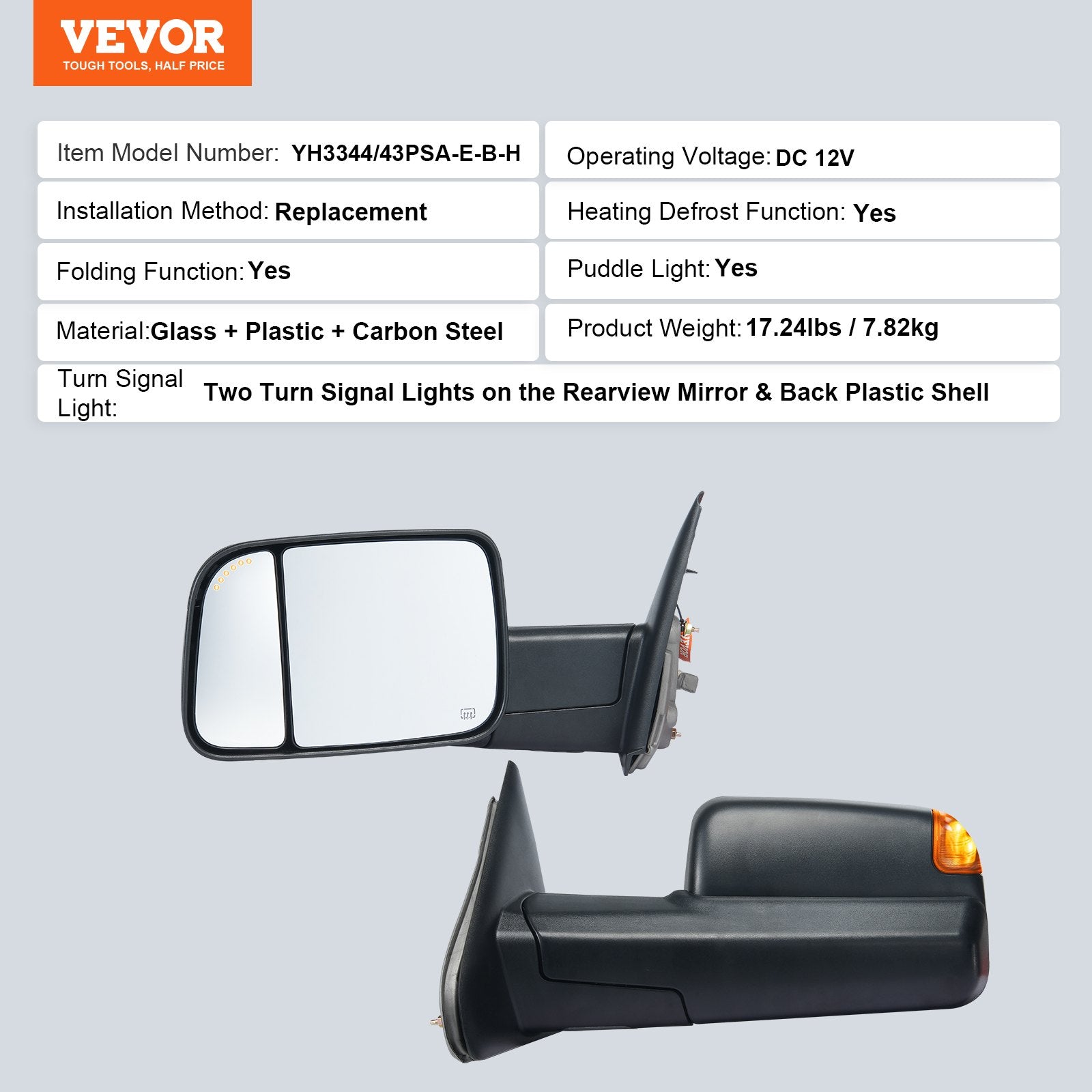 VEVOR Towing Mirrors, Left & Right Pair Set for 2002-2008 Dodge Ram 1500 2500 3500 (Partial 2009 Models), Power Heated with Signal Light & Puddle Light, Manual Controlling Flipping Folding, Black 