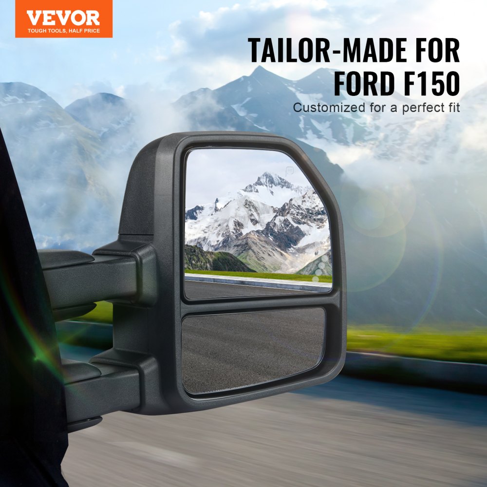 VEVOR Towing Mirrors, Left & Right Pair Set for 2015-2018 Ford F150, Power Heated with Signal Light & Puddle Light, Plane & Convex Glass, Manual Controlling Telescoping Folding, Heating Defrost, Black 