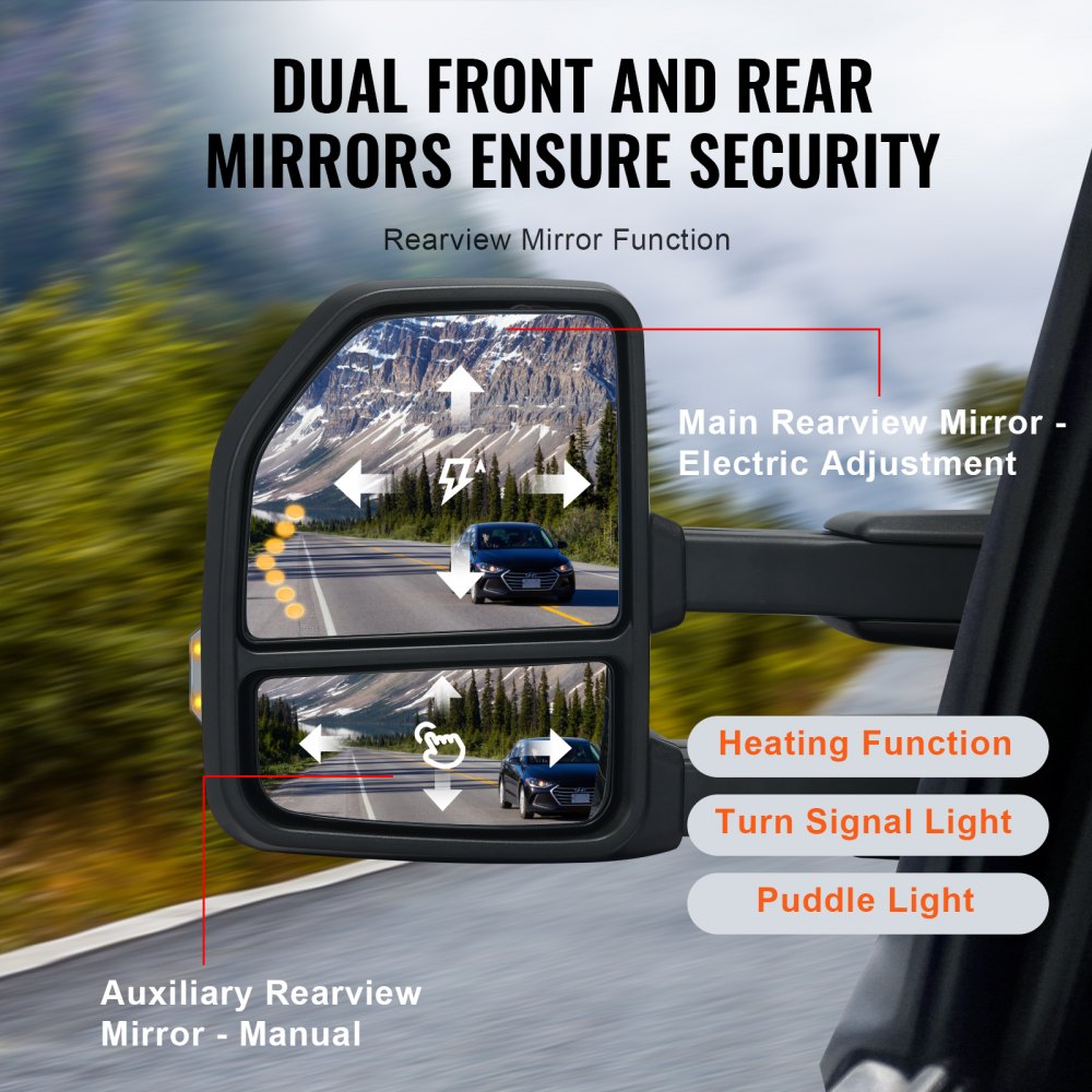 VEVOR Towing Mirrors, Left & Right Pair Set for 2015-2018 Ford F150, Power Heated with Signal Light & Puddle Light, Plane & Convex Glass, Manual Controlling Telescoping Folding, Heating Defrost, Black 