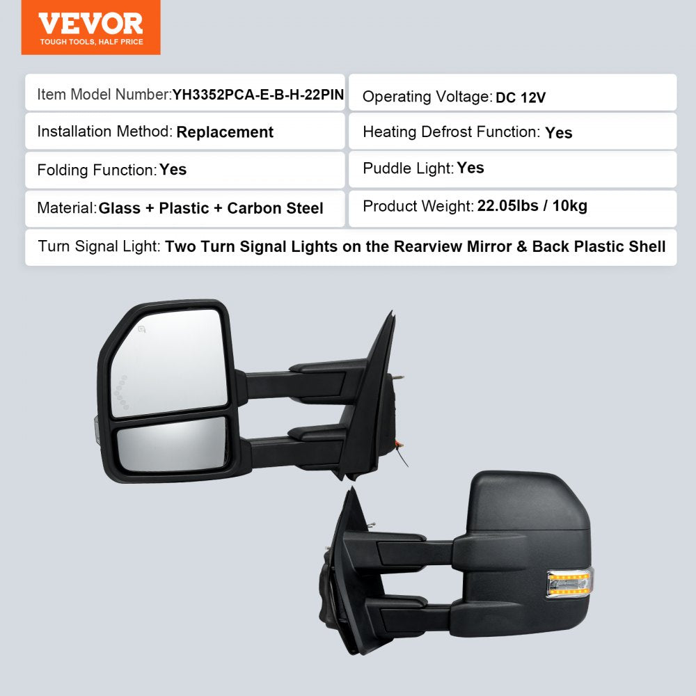 VEVOR Towing Mirrors, Left & Right Pair Set for 2015-2018 Ford F150, Power Heated with Signal Light & Puddle Light, Plane & Convex Glass, Manual Controlling Telescoping Folding, Heating Defrost, Black 
