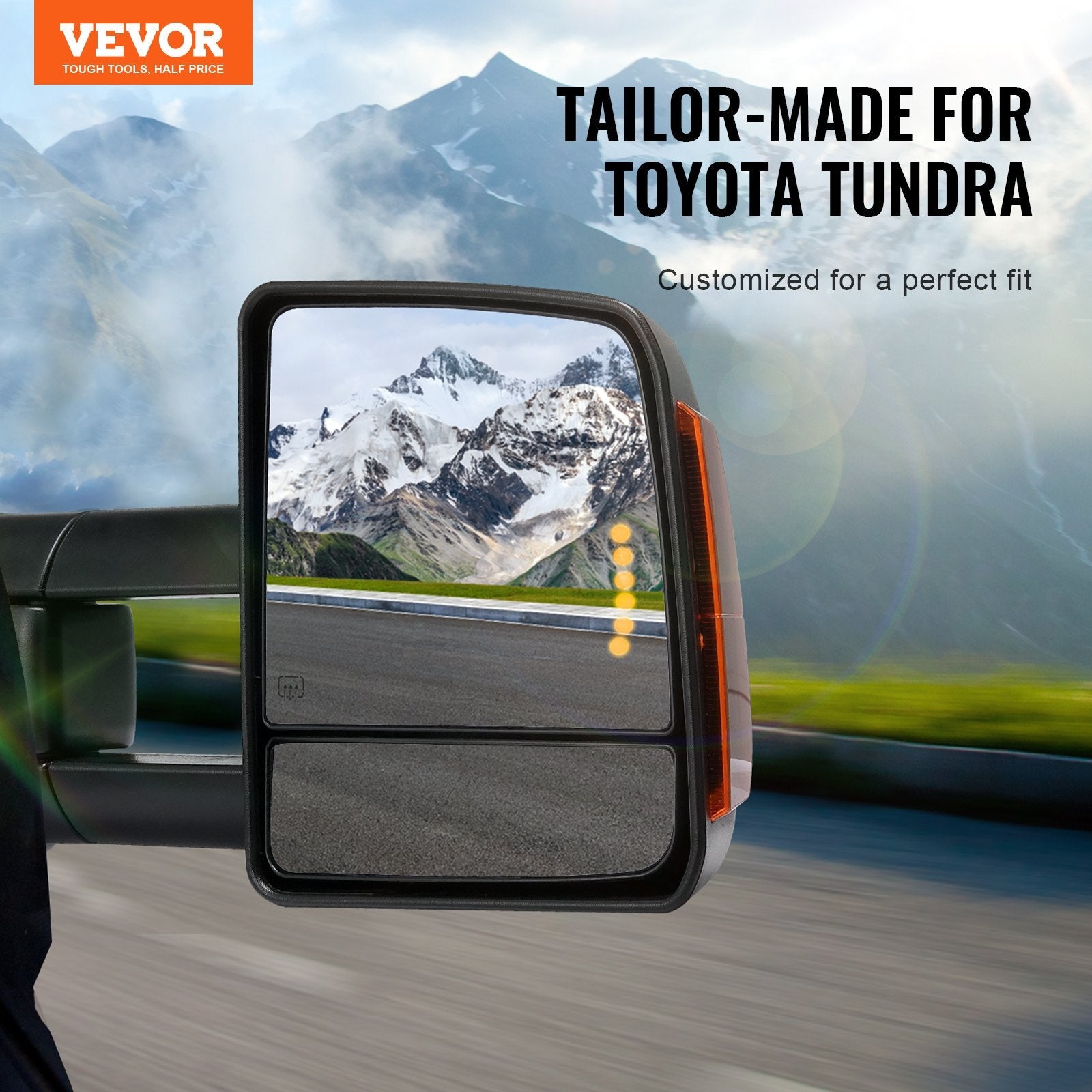 VEVOR Towing Mirrors, Left & Right Pair Set for 2007-2016 Toyota Tundra, Power Heated Tow Mirror with Signal Light, Plane & Convex Glass, Manual Controlling Telescoping Folding, Heating Defrost, Black 