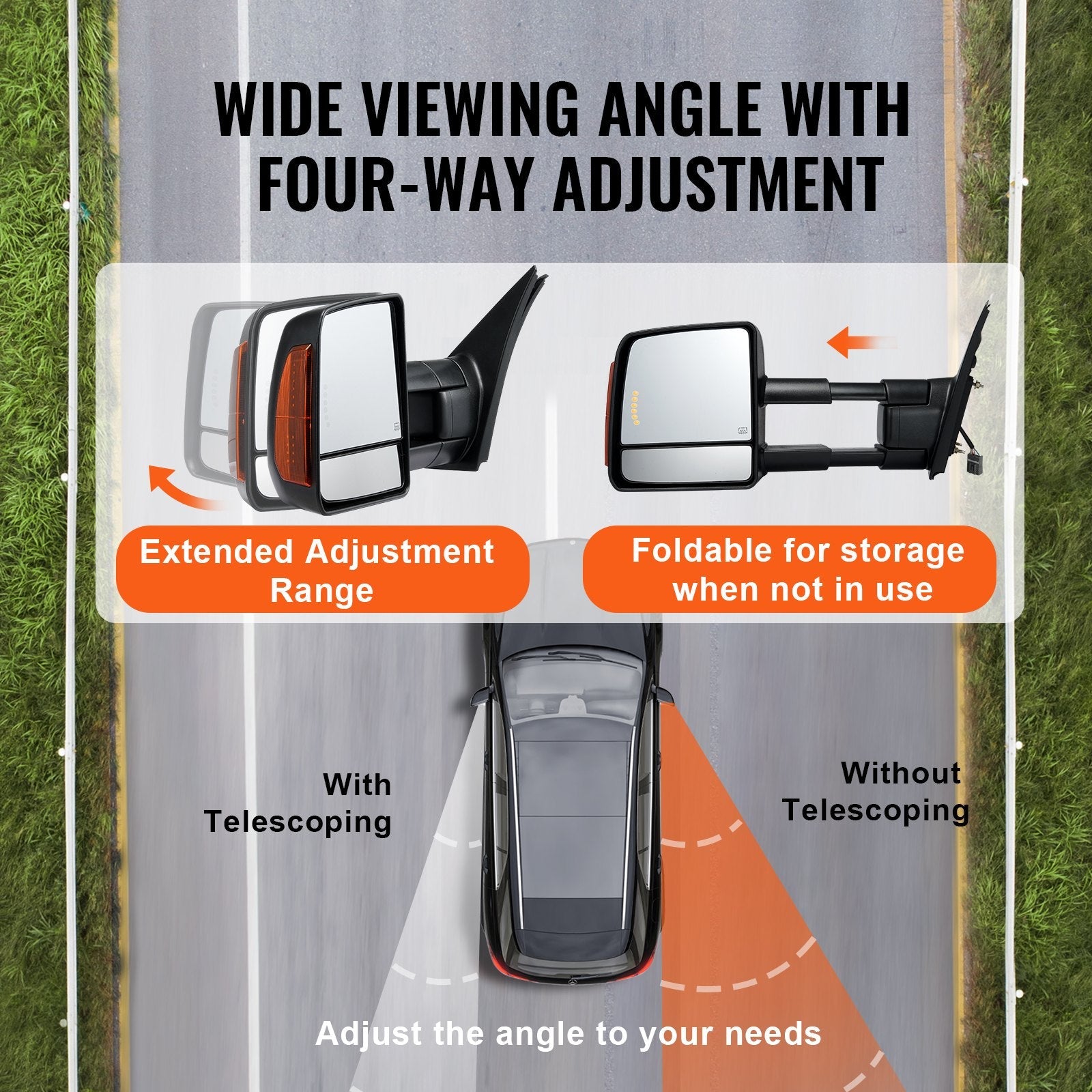 VEVOR Towing Mirrors, Left & Right Pair Set for 2007-2016 Toyota Tundra, Power Heated Tow Mirror with Signal Light, Plane & Convex Glass, Manual Controlling Telescoping Folding, Heating Defrost, Black 